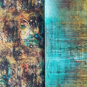 Könnte beinhalten: Eine Nahaufnahme eines Stoffes mit einem abstrakten Design in Braun-, Blau-, Grün- und Weißtönen. Der Stoff ist in der Mitte gefaltet und zeigt einen türkisfarbenen Hintergrund mit dem Text "Mercerie, Bonneterie EN GROS COUTELLERIE Artistes de Paris COMMISSION Georges Guillemont 16, Place de Hole de Aile & Rue Grande 100".