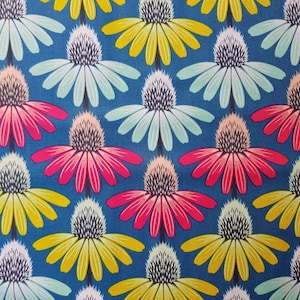 May include: A repeating pattern of stylized flowers in shades of yellow, pink, and light blue against a deep blue background. The flowers have a central cone shape and petal-like structures radiating outwards.