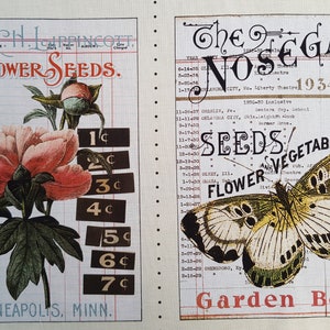 Op de afbeelding: Vintage botanische print met een roze pioenroos en een vlinder. De linkerkant toont "Flower Seeds" met prijzen. De rechterkant toont "The Gay Nosegay Theatre" en "Garden Book", als een zaadcatalogus.