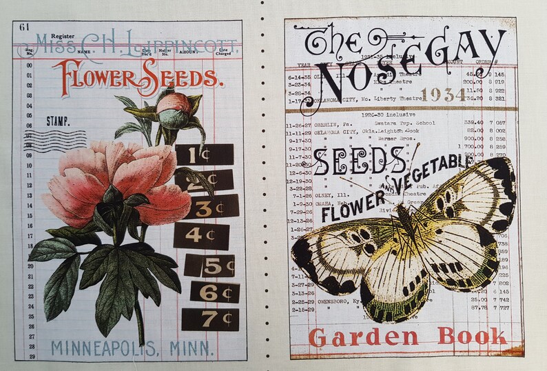 Op de afbeelding: Vintage botanische print met een roze pioenroos en een vlinder. De linkerkant toont "Flower Seeds" met prijzen. De rechterkant toont "The Gay Nosegay Theatre" en "Garden Book", als een zaadcatalogus.