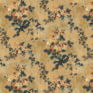 Könnte beinhalten: Ein Vintage-Blumenmuster mit beigefarbenem Hintergrund und blauen und rosa Blüten. Das Muster wiederholt sich über das gesamte Bild.