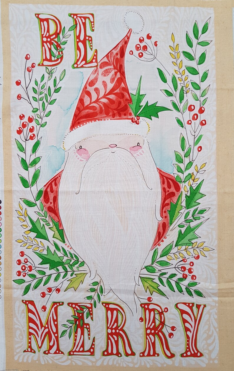 May include: A festive illustration of Santa Claus with the words "Be Merry" in red and white lettering. The image is surrounded by green and yellow foliage with red berries.