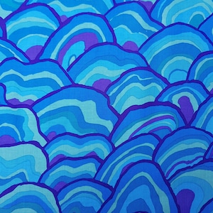 May include: Abstract pattern of blue and purple overlapping circles, creating a wave-like effect. The pattern is reminiscent of a stylised ocean or water.