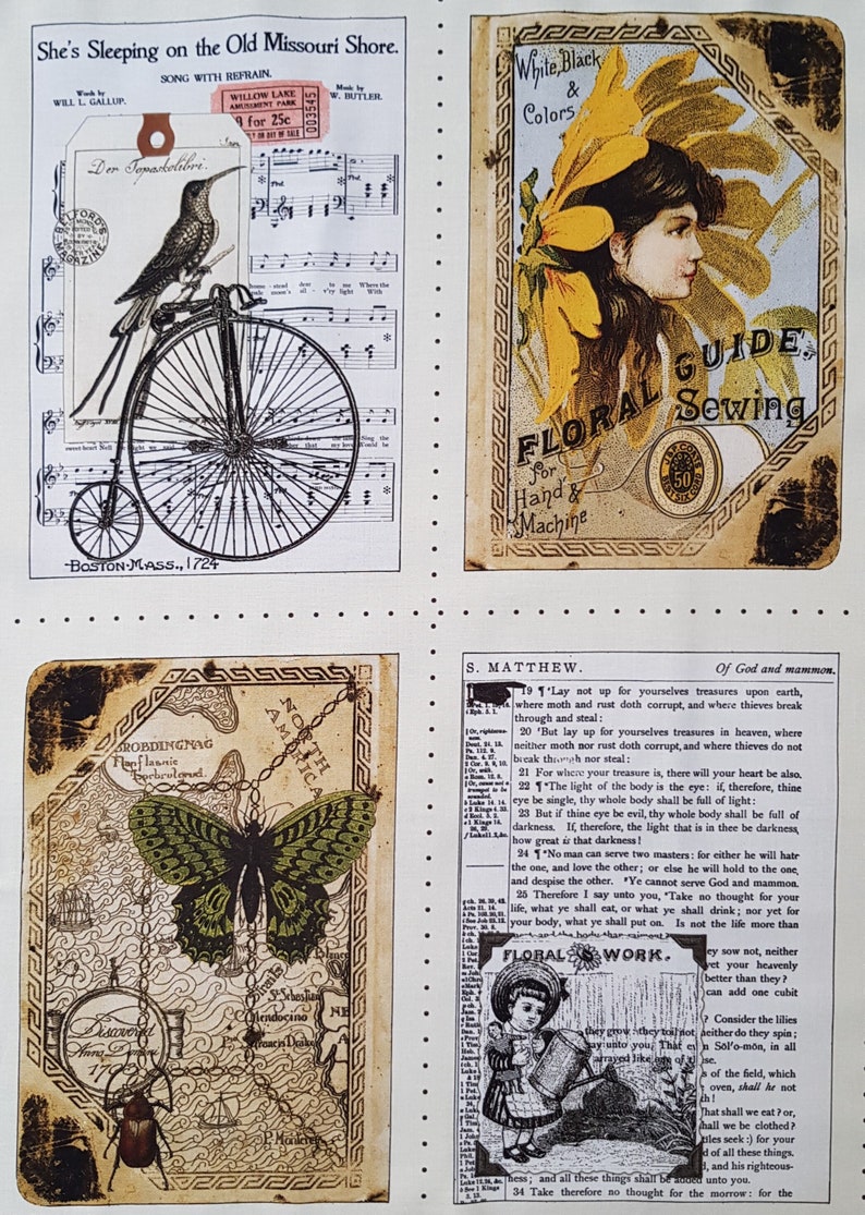 Op de afbeelding: Een collage van vintage ephemera met een vogel op een hoge fiets, een naaigids, een kaart met een vlinder en een bijbelgedeelte. De afbeeldingen zijn verouderd met een sepia-tint.