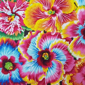 May include: A vibrant floral pattern featuring large, stylized flowers in shades of pink, yellow, and blue. The flowers have intricate details and a dark background, creating a bold and colorful design.