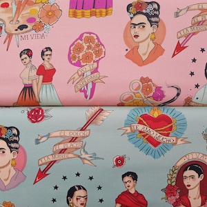 Alexander Henry -Frida Heavyweight Cotton, Canvas, upholstery fabric &quot;Si te lloro&quot; in rose and turquoise, 0.5 meters, new color