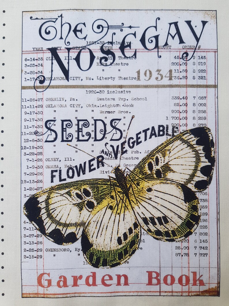 Op de afbeelding: Vintage print met een vlinder in geel, zwart en wit op ruitjespapier. De tekst bevat "NOSEGAY", "SEEDS", "FLOWER", "VEGETABLE" en "Garden Book". Nostalgisch, botanisch thema.