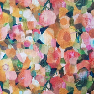 Puede incluir: Patr&oacute;n floral abstracto con una mezcla de colores rosa, naranja, amarillo y verde. El patr&oacute;n est&aacute; formado por formas y pinceladas superpuestas.