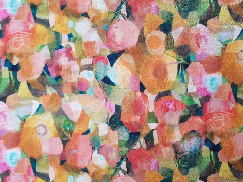 Puede incluir: Patr&oacute;n floral abstracto con una mezcla de colores rosa, naranja, amarillo y verde. El patr&oacute;n est&aacute; formado por formas y pinceladas superpuestas.