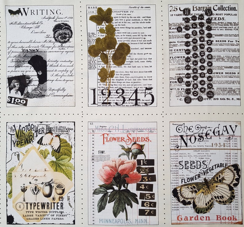 Op de afbeelding: Een collage van vintage ephemera met botanische illustraties, handgeschreven tekst en registerpagina's. De collage bevat afbeeldingen van bloemen, vlinders en de tekst "Flower Seeds" en "Typewriter".