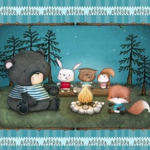 QT, Quilting Treasures, panel "Campfire Friends" by Stacey Yacula 0.90 mx 1.10 m, great for crawling/kids blankets