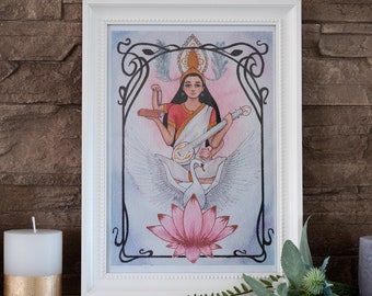 Saraswati ~ Stampa artistica ~ Dea indù della conoscenza Musica Arte Saggezza Mitologia Immagine Stampa Fine Art Print