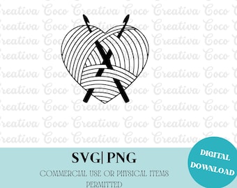 Crochet Hook Yarn Heart SVG PNG Digital Download File for Cricut, Silhouette Designs
