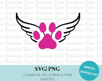 Pet Memorial Paw Print, Angel Wings SVG PNG (Digital Download)