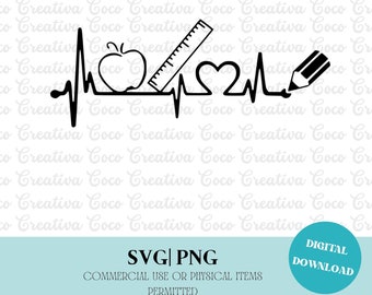 Teacher Heartbeat School Supplies SVG PNG Digital Download File for Cricut, Silhouette Designs