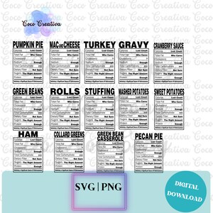 Famille Thanksgiving Dîner Drôle d’ingrédients nutritionnels Bundle SVG PNG Digital Télécharger Sublimation Cut File