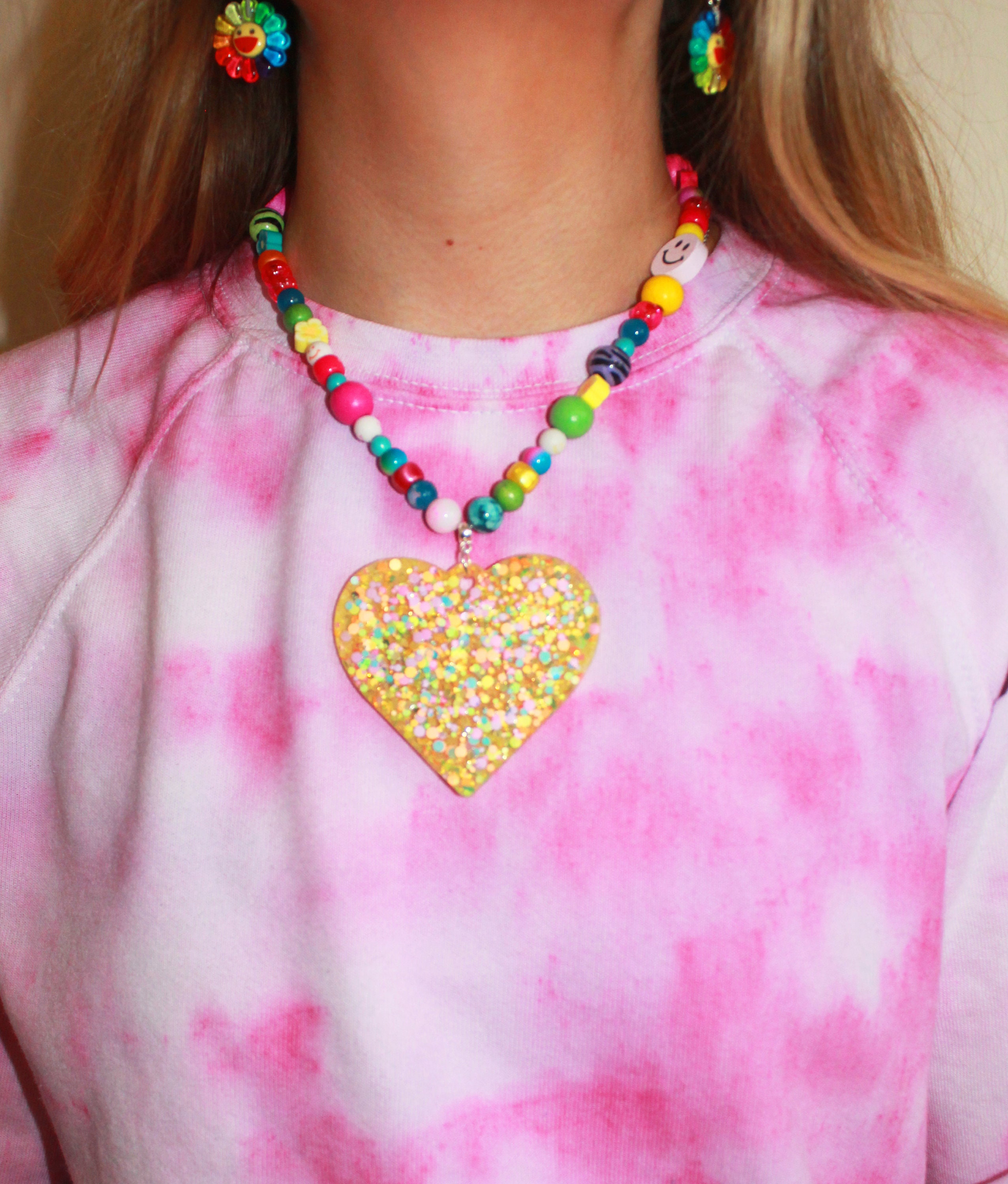 90s Style Beaded Necklace With Large Resin Heart Pendant Etsy UK