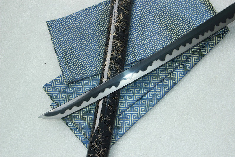 Hand Made Manganese steel black ened blade Wave pattern Katana Etsy