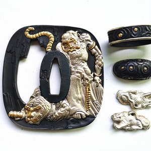 Silver Plated Brass Tsuba Hand Guard Kashira Fuchi Menuki