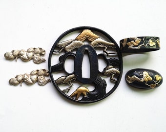 Silver Plated Brass Tsuba Hand Guard Kashira Fuchi Menuki