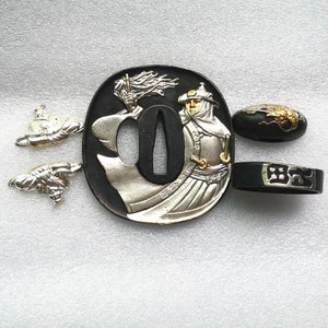 Silver Plated Brass Tsuba Hand Guard Kashira Fuchi Menuki