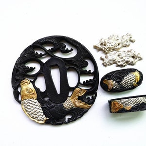 Silver Plated Brass Tsuba Hand Guard Kashira Fuchi Menuki