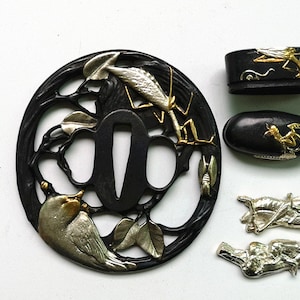 Silver Plated Brass Tsuba Hand Guard Kashira Fuchi Menuki