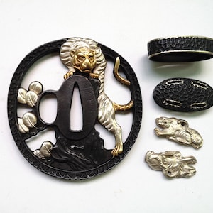 Silver Plated Brass Tsuba Hand Guard Kashira Fuchi Menuki