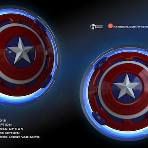 May include: Two 3D printed Captain America shields with a blue and red colour scheme and a white star in the centre. The shields are surrounded by a blue glowing ring. The text "PATREON.COM/MYSTERYMAKERS" is visible in the background.