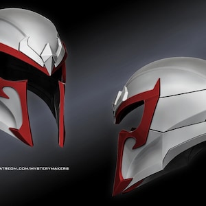 Pode incluir: Um capacete branco com detalhes vermelhos. O capacete tem um topo pontudo e uma viseira. O capacete é um adereço para cosplay ou fantasia.