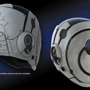 Puede incluir: Dos cascos de estilo futurista. Los cascos son principalmente blancos con detalles negros y elementos de diseño circulares. Un casco se muestra de lado, el otro de frente, ambos con una superficie texturizada y una visera de malla.