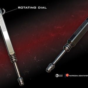 May include: A silver metal tool with a rotating dial and a pointed tip. The dial has a series of lines and markings. The tool is about 25 cm long.