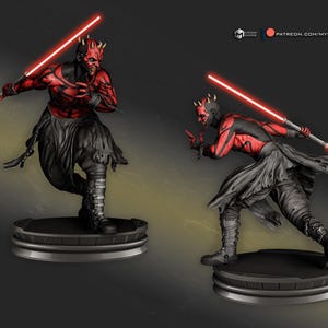 May include: Two detailed statues of a character in a red and black outfit, holding a red lightsaber. The figures are on black circular bases. The character has horns and is in a dynamic pose, suggesting action. The background is a dark grey.