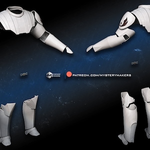 May include: A set of white plastic armor pieces for cosplay or costume making. The pieces include a chest plate, shoulder pads, arms, and legs. The pieces are laid out on a dark blue background with a white starfield pattern.
