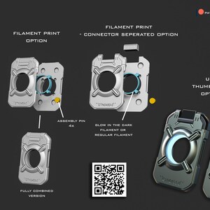 May include: Diagram showing different printing options for a 3D printed USB thumb drive. The drive is silver with a black ring around the centre. The options include resin print, filament print, and a glow-in-the-dark filament option. The text "USB Thumb Stick Option" is also included in the image.