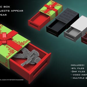 Könnte beinhalten: Eine rote und grüne Geschenkbox mit einer Schublade, die sich öffnet und ein 3D-gedrucktes Objekt enthüllt. Der Text "REAL MAGIC BOX" und "MAKE OBJECTS APPEAR OR DISAPPEAR" ist auf der Oberseite der Box aufgedruckt. Der Text "INCLUDED: -STL FILES -3MF FILES -VIDEO INSTRUCTIONS -MULTIPLE BOX OPTIONS" ist unten rechts im Bild aufgedruckt.