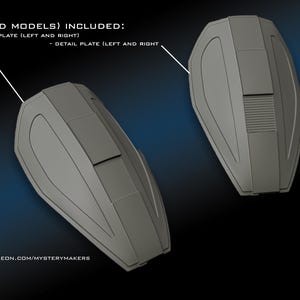 May include: Two gray 3D printed models of a spaceship detail plate. The STL files for these models are included. The text "STL FILES (3D MODELS) INCLUDED: CLEAN PLATE (LEFT AND RIGHT) DETAIL PLATE (LEFT AND RIGHT PATREON.COM/MYSTERYMAKERS" is visible in the image.