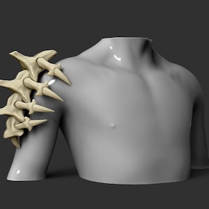 May include: A 3D-rendered, off-white shoulder armor piece with a bone-like appearance. The armor is attached to a gray mannequin torso, featuring a series of pointed protrusions. The background is a solid gray.