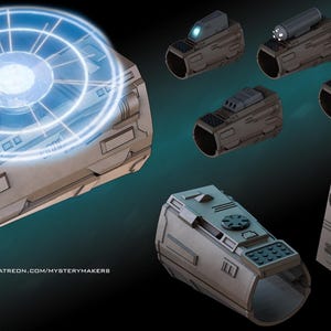 May include: A selection of futuristic arm-mounted devices in brown and grey. One device has a glowing blue circular energy field. Several other devices are shown with different designs, including small lights and button arrays. The image includes the text "PATREON.COM/MYSTERYMAKERS".