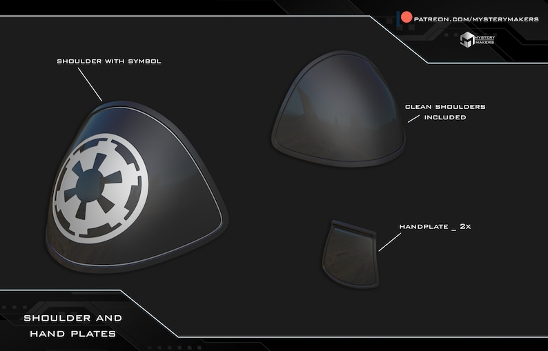 stl preview of a 3d printable starkiller inquisitor shoulder and hand plates of an armor made by mystery makers