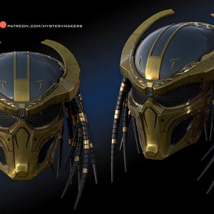 Pode incluir: Um capacete Predator dourado e preto com dreadlocks. O capacete tem uma viseira preta e detalhes dourados. O capacete é um item de coleção popular para os fãs da franquia Predator.