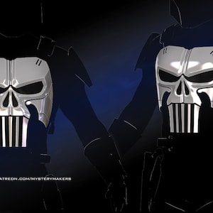 May include: A 3D printed, white, skull-shaped chest plate with a black background. The chest plate has a raised, detailed skull design with a black stripe pattern on the lower jaw.