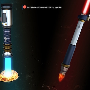 May include: Two lightsabers, one with a blue blade and one with a red blade. The blue lightsaber has a silver and gold handle with a blue and silver blade. The red lightsaber has a silver and gold handle with a red blade. The lightsabers are on a dark background with stars.