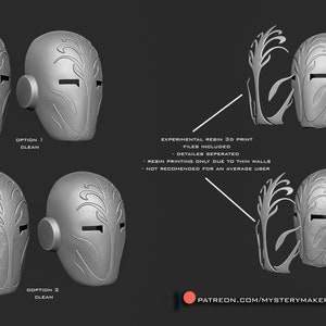 Op de afbeelding: Vier 3D-geprinte maskers met ingewikkelde ontwerpen. De maskers zijn gescheiden in textuur- en schone versies. De tekst "EXPERIMENTAL RESIN 3D PRINT FILES INCLUDED - DETAILS SEPARATED - RESIN PRINTING ONLY DUE TO THIN WALLS - NOT RECOMMENDED FOR AN AVERAGE USER" wordt onder de maskers weergegeven. De tekst "PATREON.COM/MYSTERYMAKERS" wordt onderaan de afbeelding weergegeven.
