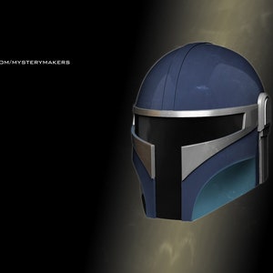 May include: A blue and silver helmet with a black visor. The helmet has a textured surface and a small antenna on the side.