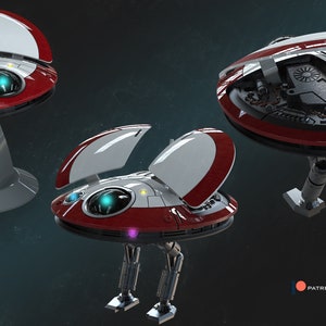 Könnte beinhalten: Eine rot-weiße futuristische Drohne mit drei Beinen und einem runden Körper. Die Drohne hat ein großes, rundes, blaues Licht in der Mitte des Körpers. Die Drohne befindet sich in drei verschiedenen Positionen, die die Ober-, Unter- und Seitenansicht zeigen.