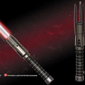 May include: A black and silver lightsaber with a red blade. The lightsaber is in a deactivated state with the blade retracted. The lightsaber has a textured grip and a silver emitter.