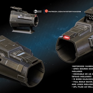 May include: A 3D printed, motorized, wearable vambrace with a black and gray color scheme. The vambrace has a hinged top that opens to reveal a small, black, cylindrical weapon with a red light. The vambrace is designed to be worn on the arm and can be used as a display piece. The image includes the text "PATREON.COM/MYSTERYMAKERS".