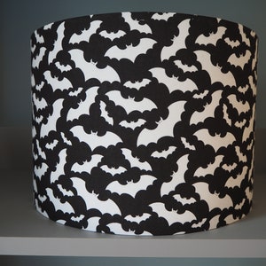 Bat Lampshade Black and White background Lampshade Halloween Gothic Batdesign cotton fabric Drum shade table floor or ceiling pendant