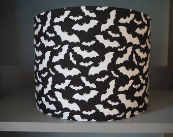 Bat Lampshade Black and White background Lampshade Halloween Gothic Batdesign cotton fabric Drum shade table floor or ceiling pendant